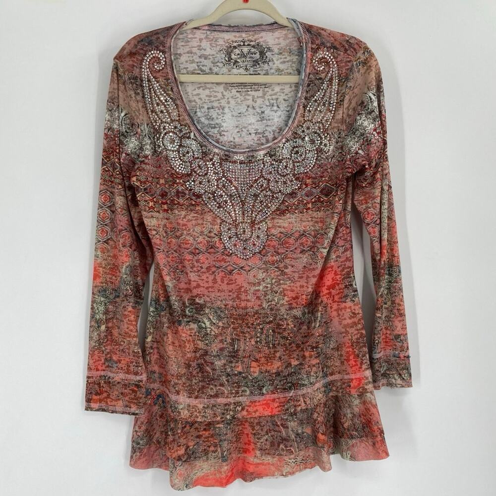 V Cristina Sequin Paisley Boho Western Multi Tunic Top Women’s Large